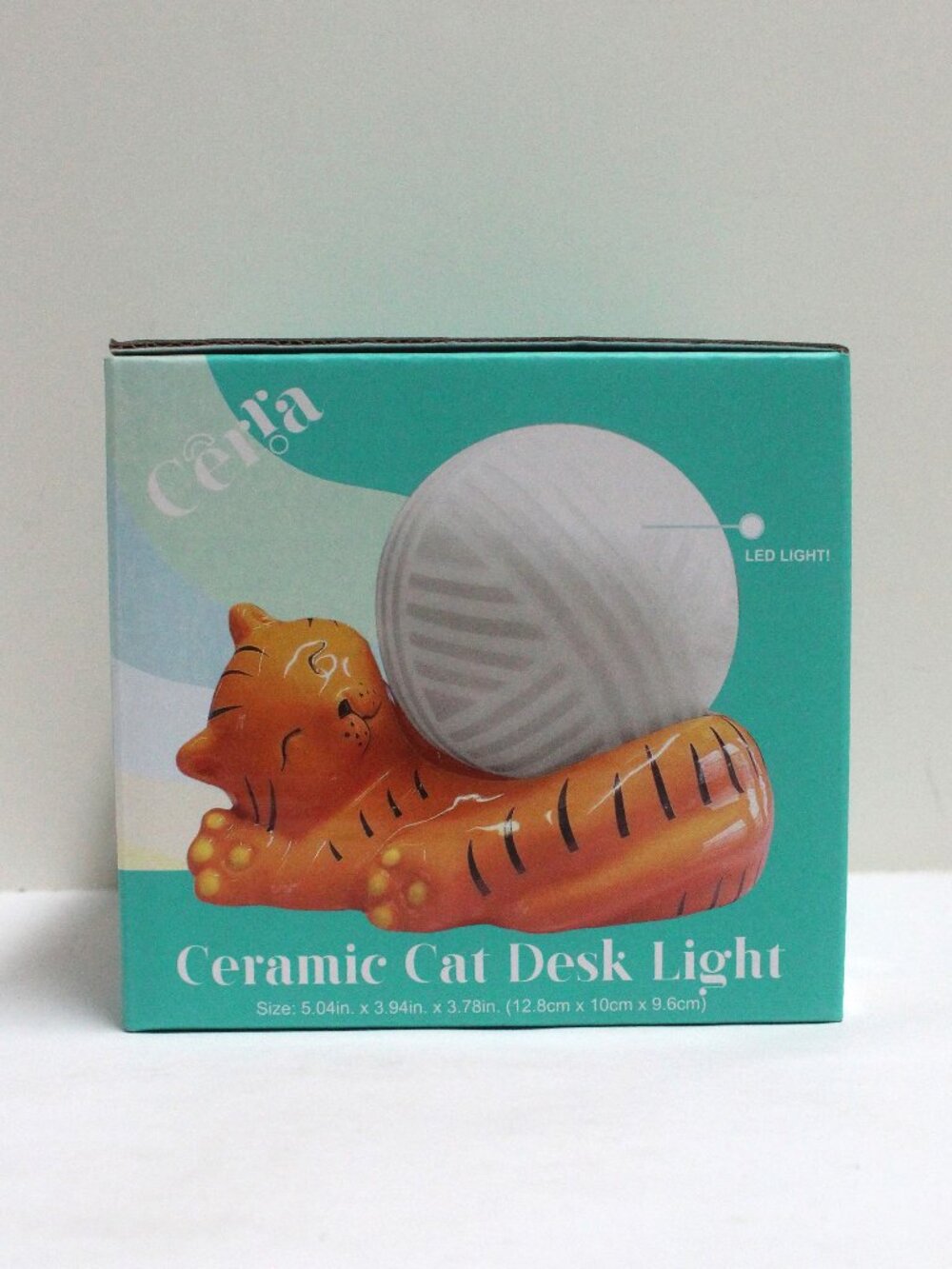 Ceramic Orange & Black Stripe Cat With White Yarn Ball LED Desk Light